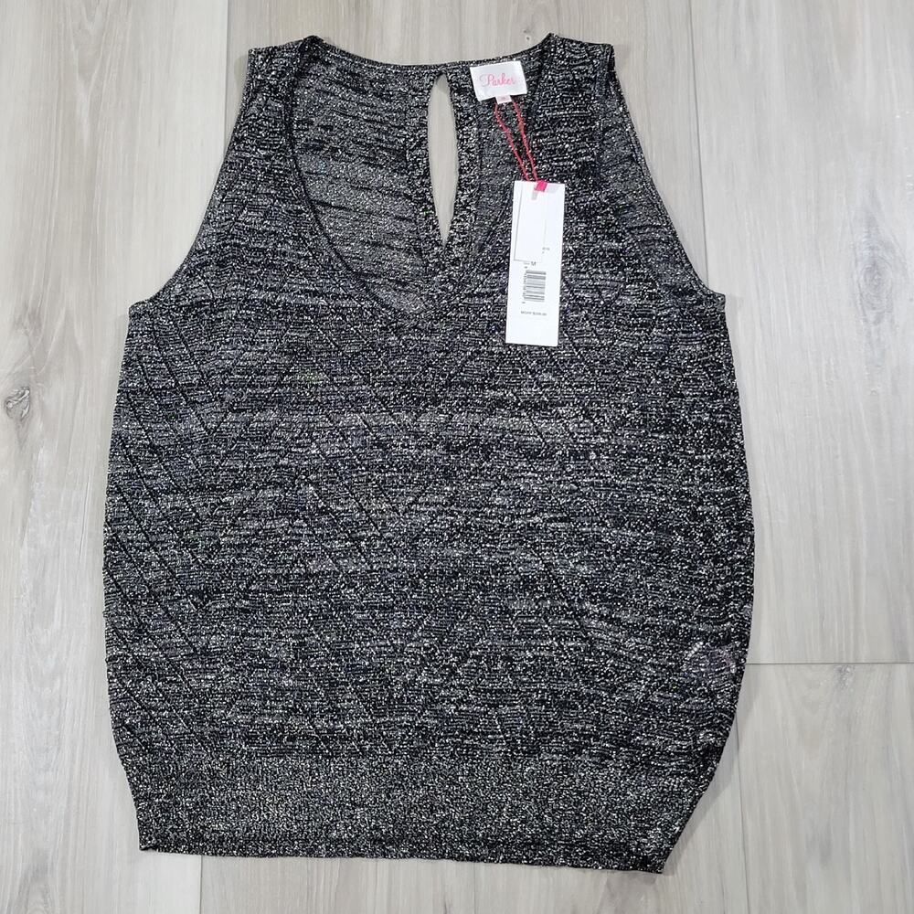 Parker Top Women's Medium Black Sleeveless Metallic Fabric New